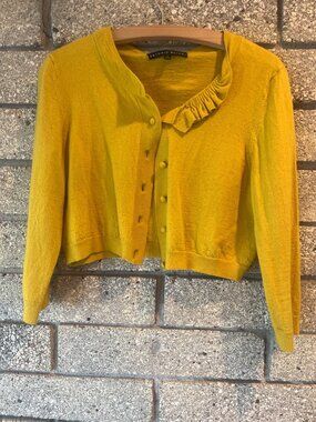 Antonio Melani Womens Yellow Cardigan Sweater With Ruffle Neck & Button Front Si
